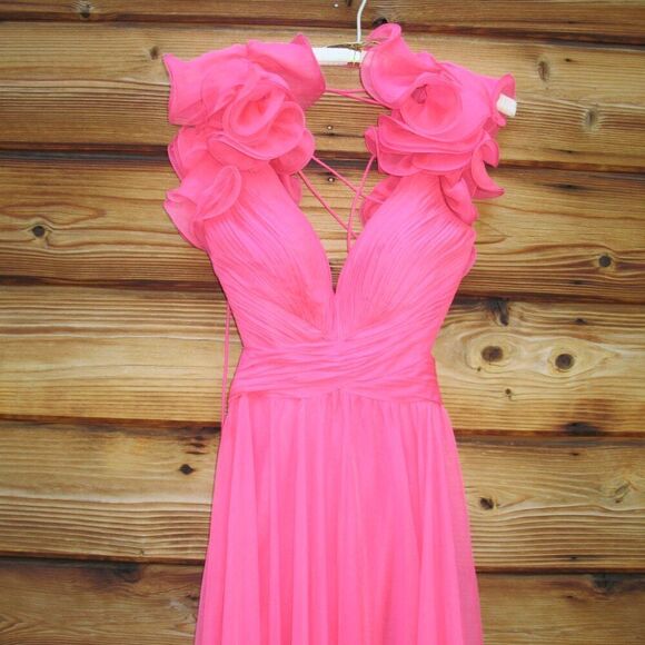 NWT Mac Duggal Ruffle Tiered Cut Out Chiffon Gown 67911 Hot Pink Size  4 - Picture 7 of 15